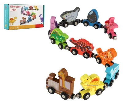 Produktbild von Zug/Spielzeugzug mit Dinosaurier-Waggons mit Magneten, 10 Stück, aus Holz, in einer Schachtel (20 x 11 cm)