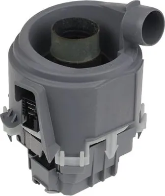 A gray appliance part, likely a pump, is shown against a light gray background.