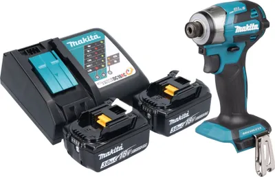 A cordless impact driver set with two batteries and a charger, displayed on a white background.