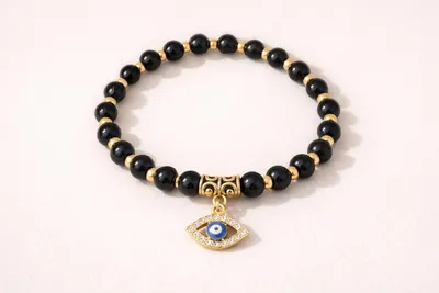 Produktbild von Perlenarmband Damen 8mm Schwarz mit Bösem Auge Charm Gold, J0681