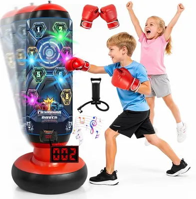 Produktbild von Boxsack Kinder Mit Handschuhen Und Pumpe, Aufblasbares Boxset, Elektronischer Boxsack Mit Musik Und Lichtern, Freistehendes Kampfsportspielzeug