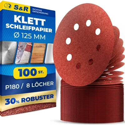 Productafbeelding van S&R Klett schuurpapier set, 125 mm, Meister, 8 gaten, 100 stuks, korrel P180