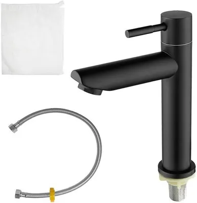 Produktbild von Unyqoos® Kaltwasser-Armatur matt schwarz – Edelstahl 304, 60 cm Anschlussleitung, kratzfest, für Bad & Gäste-WC