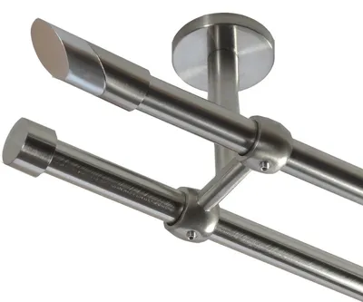 Produktbild von Gardinenstange Set Edelstahl Look Metall Ø 16mm Deckenbefestigung 2-lauf Schräge, Länge wählbar D21 E13 E16