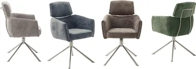 Four chairs of different colors are displayed against a white background.