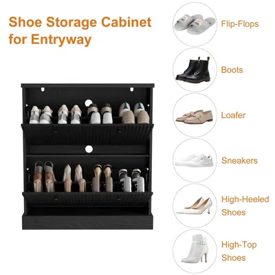 Produktbild von Schuhschrank - Kipp-Schuhregal - 2 Kippfächer - Schmal für Flur - Geriffelte Front - Verstellbare, herausnehmbare Einlegeböden - Schwarz