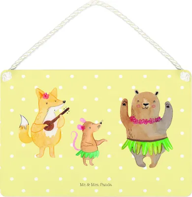 Produktbild von Mr. & Mrs. Panda Schild Waldtiere Aloha DIN A4 - Gelb Pastell - Geschenk, Musik, hängeschild, Türschild, wandtafel, Lustige Sprüche, Hase, Igel, Deko Wandbild, Leben