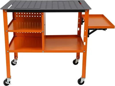 Produktbild von Mobiler Schweißtisch, Schweißwerkbank, bis 500kg Tragfähigkeit, Arbeitstisch Schweißwagen mit Universalrollen & Haken, für Werkstatt (Orange)