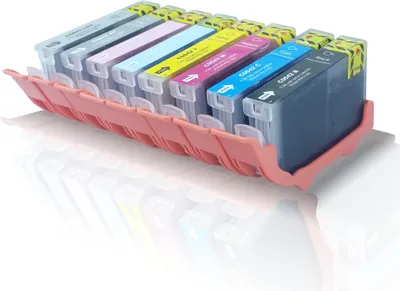 A set of ink cartridges arranged in a pink holder.
