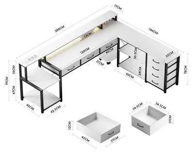 Image de Bureau - Bureau informatique - En forme de L - Bois - Structure métallique - 7 tiroirs - Espace de rangement - Blanc
