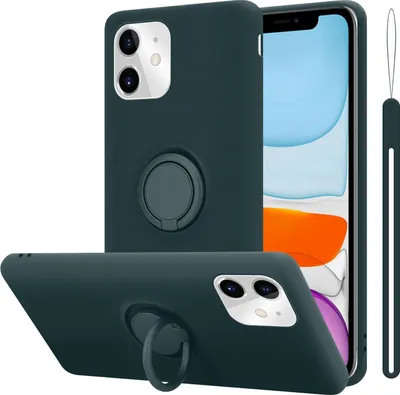 A dark green phone case with a ring holder is shown from multiple angles, with a phone inside one of the cases.