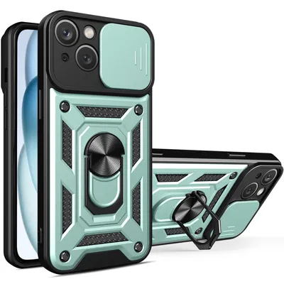 Obrázek produktu pro Pouzdro pro iPhone 15, TPU Nárazník Silikonové Pouzdro s Kroužkem Stojánek, Ochrana Kamery zelené