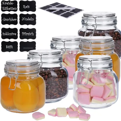 Produktbild von TP 6er Set Vorratsdose aus Glas mit Bügelverschlus inkl. 8 Kreidetafelsticker & Stift (6 x 650 ml)