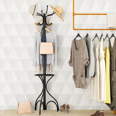 Produktbild von Garderobenstaender 190 cm mit 12 Haken, Kleiderstaender Jackenstaender mit Schirmstaender, Garderobe Kleiderbaum aus Metall, Standgarderobe in Baumform für Flur Schlafzimmer Wohnzimmer, schwarz