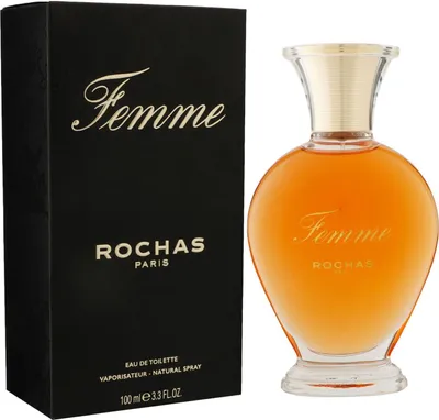 A box and bottle of Rochas Femme Eau de Toilette are displayed against a white background.