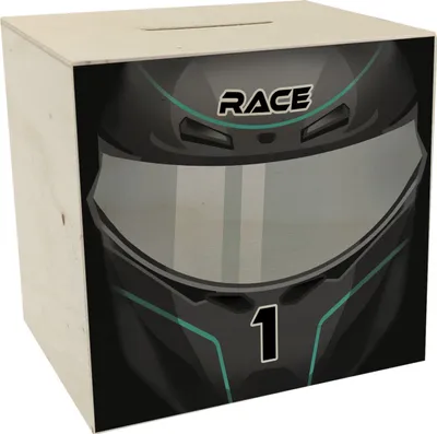 Produktbild von Motorsport-Helm Spardose aus Holz in Schwarz-Silber