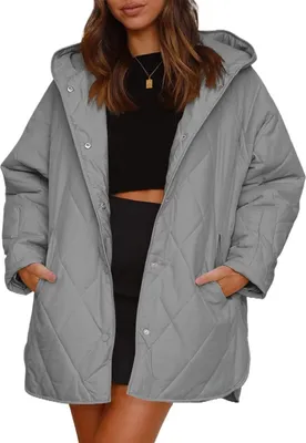 Produktbild von ASKSA Damen Jacken Winter Warme Lange Diamant Steppjacke Casual uebergrosse Leichte mit Kapuze, Grau, XL
