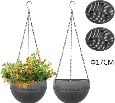 Immagine prodotto di 2 vasi da fiori sospesi con foro di drenaggio, vasi da fiori sospesi con catene in acciaio inossidabile, vasi sospesi per interni ed esterni, soffitti, balconi e decorazioni murali, grigio, Φ17 cm