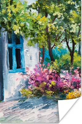 Produktbild von MuchoWow® Poster Malerei - Pflanzen - Blumen - Haus - Öl 80x120 cm - Papierdruck