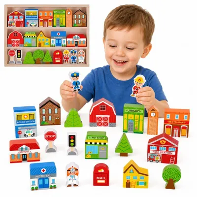 Immagine prodotto di Tooky Toy Set in legno di edifici e figure della città
