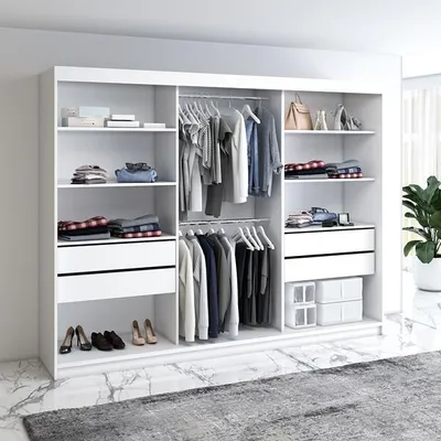 Produktbild von Schwebetürenschrank, 3-türig Schrank mit 4 Schubladen und 3 Spiegel! Moderne Garderobe für Kleidung. Verschiedene Farben (Weiß, Schwarz, Somona) Kleiderschrank mit Spiegel ULMA 200 cm