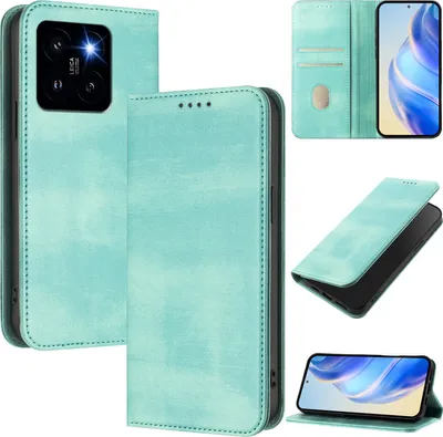 Immagine prodotto di Custodia per Xiaomi 14 Pro, custodia in pelle vintage con protezione RFID, slot per carte, supporto Turchese