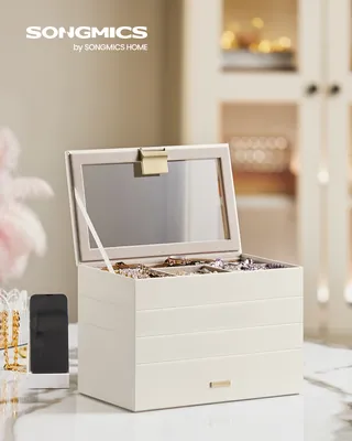 Produktbild von SONGMICS Schmuckkästchen 4 Ebenen, Schmucktablett stapelbar, Schmuckkasten groß, Schmuckbox mit Glasdeckel