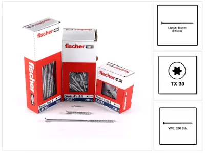 Produktbild von fischer Spanplattenschraube PowerFast, FPF II CTP 6,0 x 60 BC 200 Senkkopf mit Innenstern TX Teilgewinde galvanisch verzinkt, blau passiviert, 200 Stück