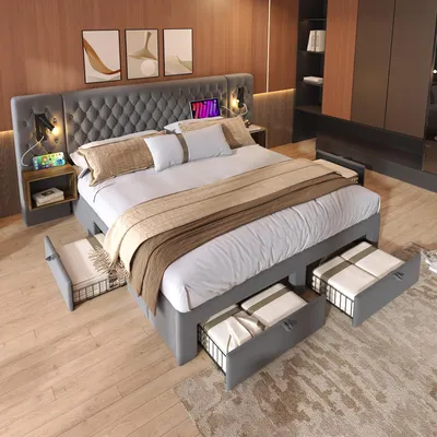 Produktbild von Polsterbett 160x200 cm Bettanlage mit 2 Nachttischen & 4 Schubladen, Modernes Doppelbett Grau Samt, Kopfteil mit USB/Type-C Ladefunktion & Leselicht, Stauraumbett
