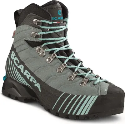 Bergschuh Ribelle HD von Scarpa in Grau mit türkisfarbenen Schnürsenkeln; geeignet für Damen.