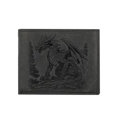Produktbild von RFID Büffel Echt Leder Geldbörse Portemonnaie mit geprägtem Drachen - Echtleder Schwarz Querformat