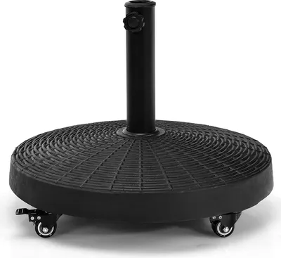 Produktbild von Costway Sonnenschirmständer für Markt- & Balkonschirme, Rund Rattan Schwarz, 52 cm Ø, 43,5 cm H, 23 kg, aus Kunstharz-Stahl, mit Rollen, Feststellbremse, Handknauf, witterungsbeständig, füllfrei, für 38/48 mm Stangen, inkl. 2 Kunststoffeinsätze