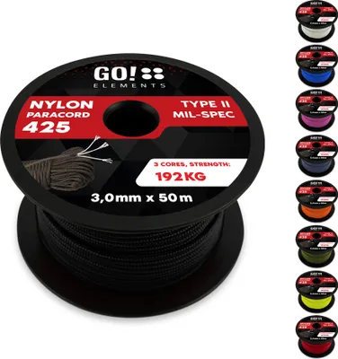 Produktbild von GO!elements 50m Paracord Seil aus reißfestem Nylon - 3mm Paracord 425 Typ II max. 192kg - Schnüre als Outdoor Seil, Allzweckseil, Survival Seil, Armband, Hundeleine, Nylonschnur, Farbe: Schwarz