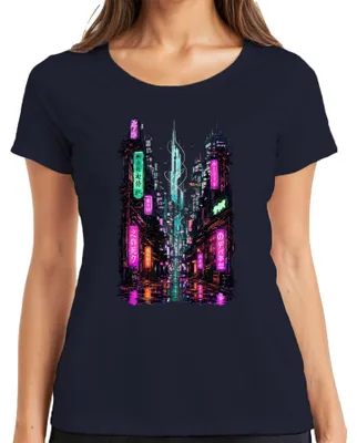 Immagine prodotto di T-shirt da donna, stile cyberpunk, con immagini di Tokyo, luci al neon, Giappone, anni 2000, vaporwave, colore blu navy, taglia L