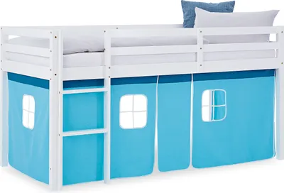 Image de Lit superposé 90x200 cm Lit mezzanine en Bois Pin Massif Lit d'enfant Cadre de Lit Rideau Bleu