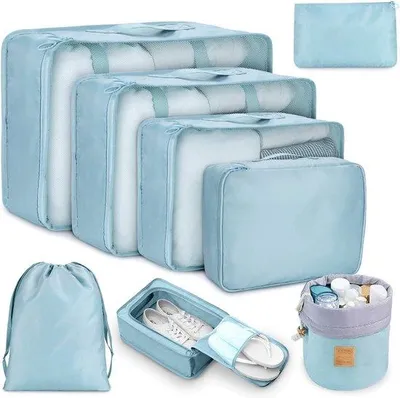 Zdjęcie produktu dla Zestaw 8 organizerów do walizki Unyqoos® – kostki do pakowania ubrań, kosmetyczka, torba na buty i torba na kable, nylon, jasnoniebieski
