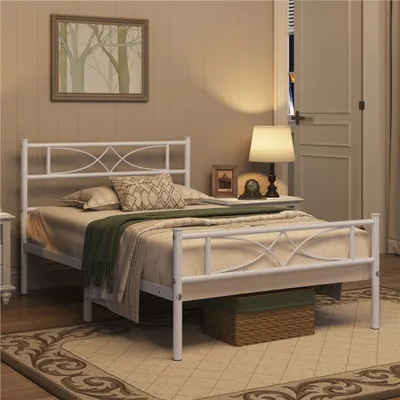 Zdjęcie produktu dla Metalowa rama łóżka Yaheetech 90 x 190 cm, rama łóżka z zagłówkiem w kształcie skrzydła, biała