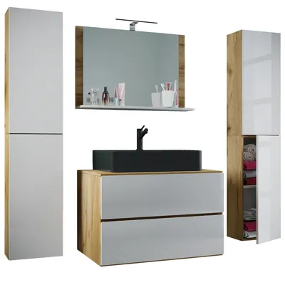 Image de Lavabo 5 pièces | Armoire lavabo noire largeur 60 cm | Ensemble de meubles de salle de bain avec tiroirs portes tournantes miroir | Lendas S BL