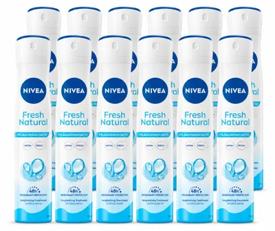 Imagen del producto de 12 unidades de desodorante en spray NIVEA Fresh Natural, sin aluminio, 200 ml, pack económico