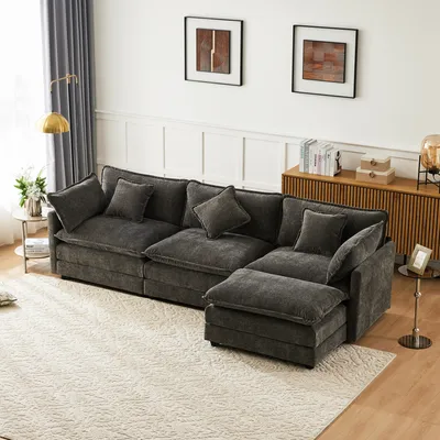 Produktbild von Abrihome L-förmig Ecksofa 3-4 Sitzer Sofa-283x147x84 cm mit Fußhocker und Halbfixiertes Kissen, Chenille, Grau