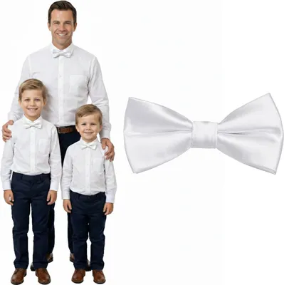 Produktbild von DonDon Fliege Kinder Jungen Babys und Herren Seidenlook Weiß glänzend, vorgebunden und längenverstellbar aus Polyester - festliches Accessoire für Hochzeit, Kommunion und Feier