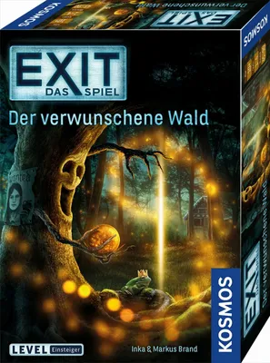 The image shows the box art for the board game 'EXIT: The Game - The Enchanted Forest'. It features a mystical forest scene with a gnarled, face-like tree, glowing lights, a frog wearing a crown, and a beam of light. The game title and branding are promine
