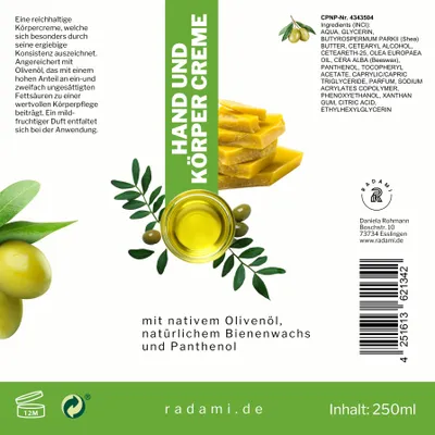 Produktbild von Bodylotion Handcreme Körpercreme mit Olivenöl, Bienenwachs und Panthenol 250 ml