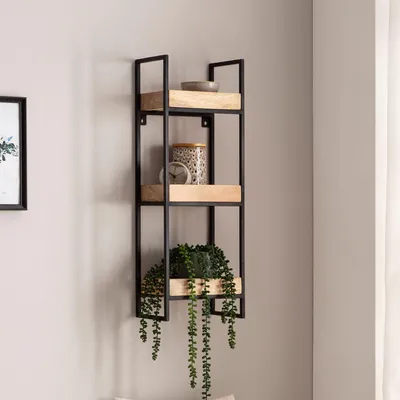Produktbild von WOHNLING Wandregal 27x77x18 cm Mango Massivholz / Metall Hängeregal Industrial Schweberegal Rechteckig Regal Hängend Wohnzimmer Tablettregal Wand mit