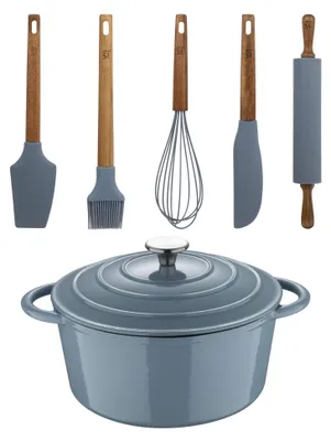 Kochtopf mit Deckel 25,5 cm, 5 l, Gusseisen + 5-tlg. Küchenhelfer-Set