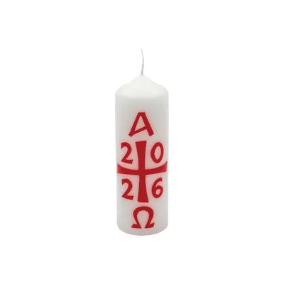 Produktbild von Osterkerze 15 x 5 cm mit Jahreszahl 2026, Kreuz, Alpha-Omega
