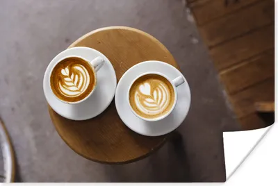Produktbild von MuchoWow® Poster Zwei Tassen Kaffee mit Latte Art werden von oben angezeigt 90x60 cm - Schlafzimmer