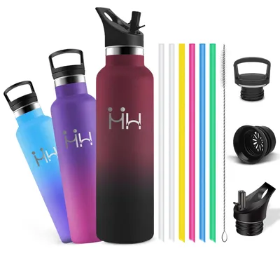 Produktbild von Trinkflasche Edelstahl, Trinkflasche 1l, Thermosflasche mit 6 Strohhalme