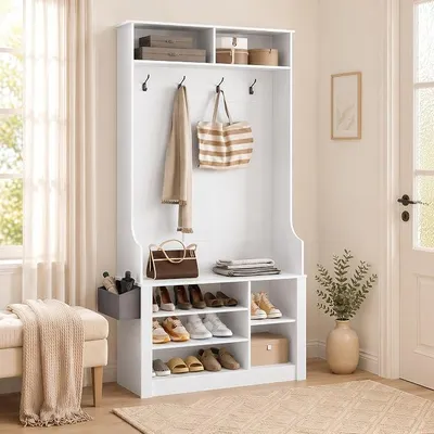 Produktbild von Garderobenständer mit Schuhbank, Flurgarderobe mit 4 Haken, 5 verstellbaren Schuhablagen & 2 Ablagen, Garderobenschrank mit Sitzbank, freistehende Garderobe Flur, 90x30x183 cm, Weiß