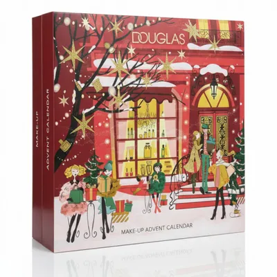A Christmas-themed advent calendar for makeup, featuring an illustration of people outside a store.